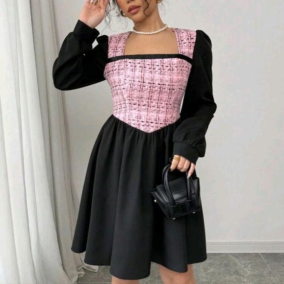 Elegant Square Neck Patchwork Shoulder Fitted Waist A-Line Short Dress For Women - Picture 1 of 5